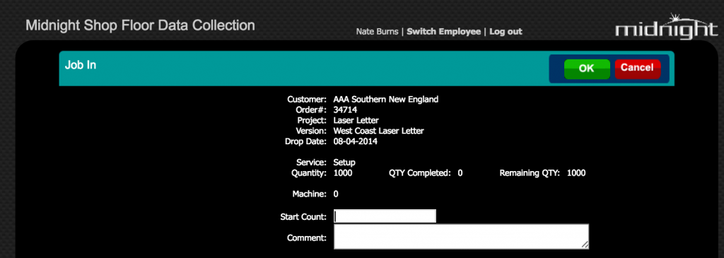 Figure 3- Shop Floor Data Collection screen, ideally this will be run from a tablet such as an iPad